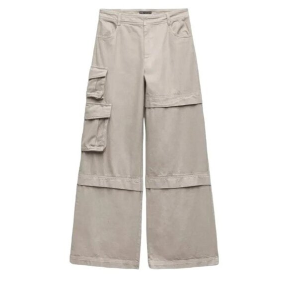ZARA Extra Long Wide Leg Baggy Cargo Pants Womens Small Khaki - Picture 1 of 8